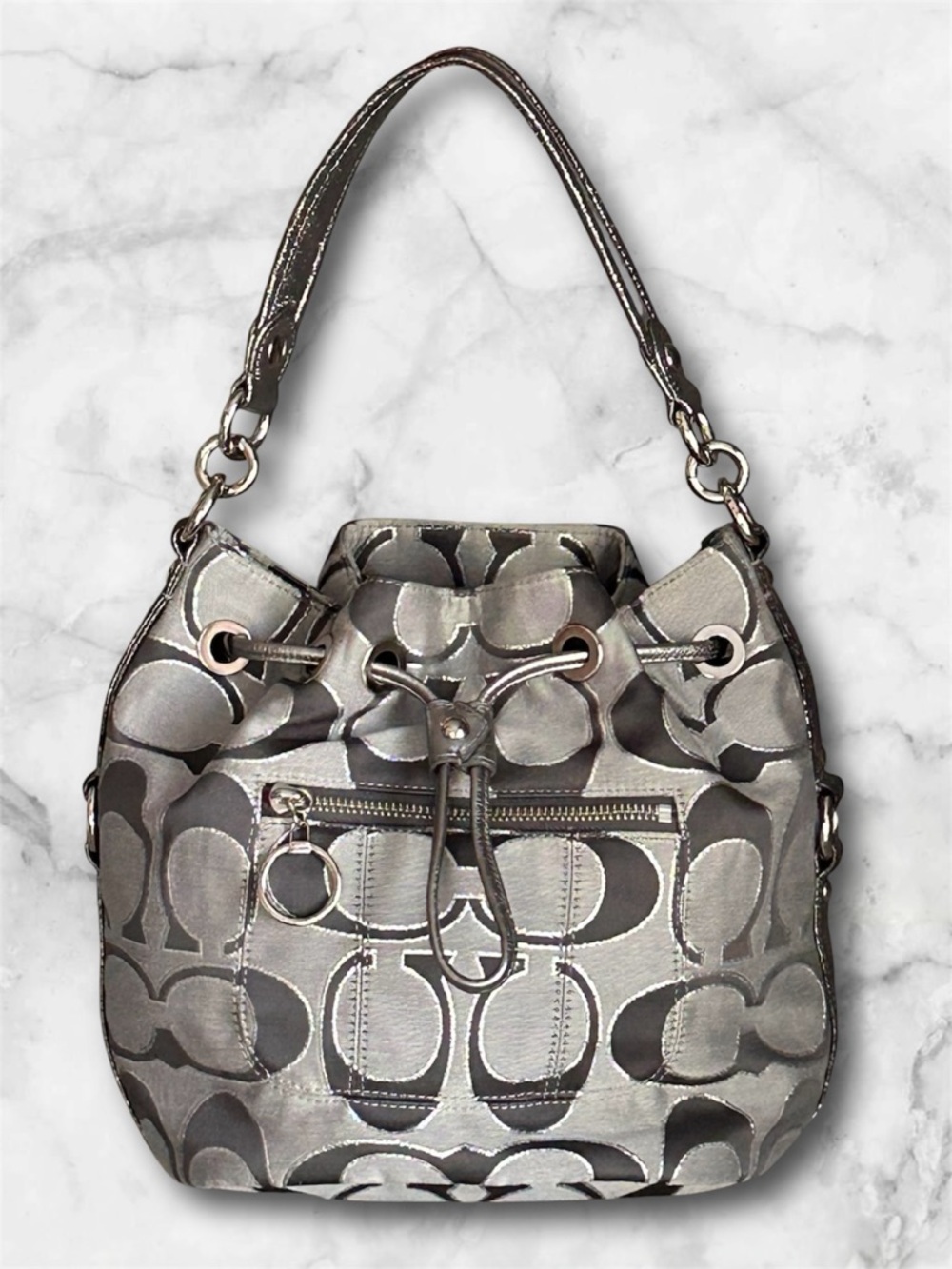 NWT Coach Poppy Signature Lurex Cinch Shoulder Bag Silver/Ash 17930 NEW